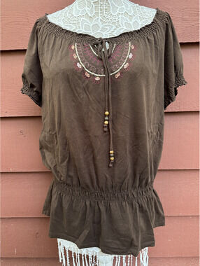 Croft & Barrow Brown Bohemian Embroidered Peplum Top